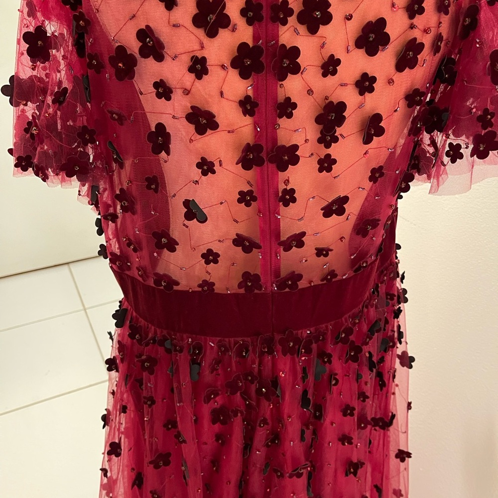 Mac Duggal Deep Berry Midi Dress with Burgundy Floral Appliqués - Picture 8 of 10